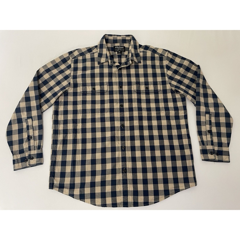 CC Filson Flannel Shirt Men's Large Khaki Blue Kitsap Checker Plaid Outdoors